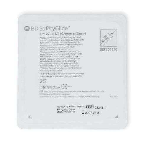 BD SafetyGlide Allergy Syringe Tray, 1 mL, with 27 G x 1/2 in. Permanently Attached Needle (Regular Bevel), #305950, (25 Count) in Saudi Arabia