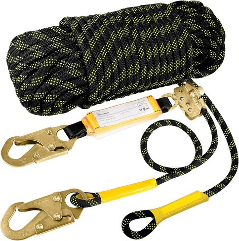TRSMIMA Rope Harness Safety Lanyard：50ft Vertical Roofing Rope with Grab Snap Hooks Shock Absorber - Fall Protection Tree Climbing Line Kit Heavy Duty Roof Safety Equipment ANSI CE in Saudi Arabia