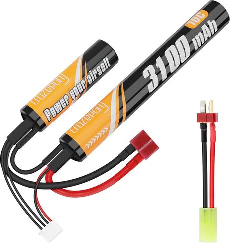 بطارية Crazepony 11.1 فولت Airsoft Nunchuck، 3100 مللي أمبير في الساعة تكتيكية صغيرة قابلة لإعادة الشحن Aeg M4 Ak47 بطاريات ليثيوم أيون صغيرة مع قابس T إلى Tamiya لبندقية Airsoft in Kuwait