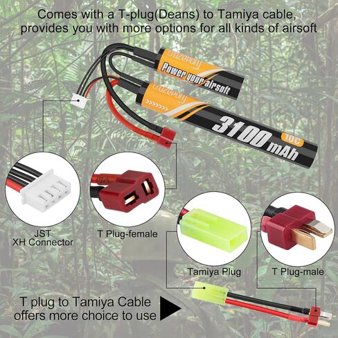 بطارية Crazepony 11.1 فولت Airsoft Nunchuck، 3100 مللي أمبير في الساعة تكتيكية صغيرة قابلة لإعادة الشحن Aeg M4 Ak47 بطاريات ليثيوم أيون صغيرة مع قابس T إلى Tamiya لبندقية Airsoft in Kuwait
