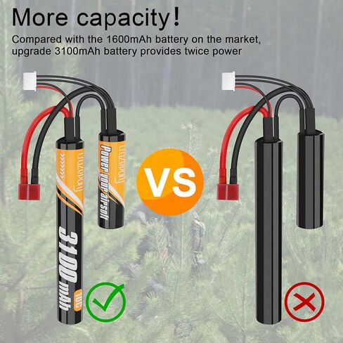 بطارية Crazepony 11.1 فولت Airsoft Nunchuck، 3100 مللي أمبير في الساعة تكتيكية صغيرة قابلة لإعادة الشحن Aeg M4 Ak47 بطاريات ليثيوم أيون صغيرة مع قابس T إلى Tamiya لبندقية Airsoft in Kuwait