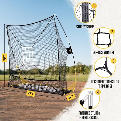 PodiuMax 7x7 Baseball & Softball Net with Large Ball Collection System, Upgraded Triangular Base, Softball Pitching Net with 2 Strike Zone, Baseball Nets for Batting, Pitching, Fielding in Kuwait