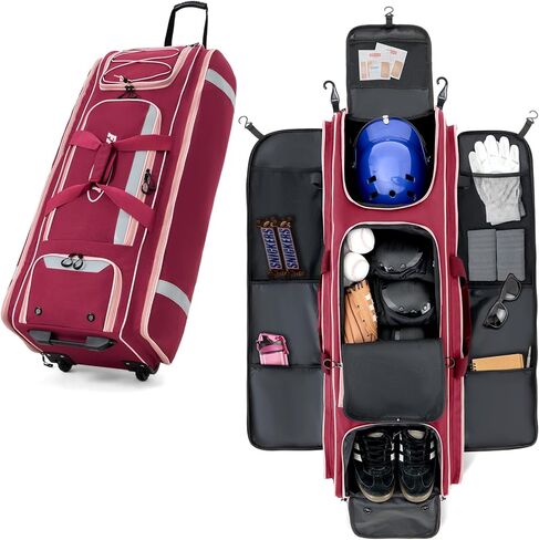 Fanwoli 100L Rolling Baseball Catchers Gear Bag - Large Softball Equipment Duffle with Wheels, Locker-Style Organizer with 5 Fence Hooks, Multi Pockets, Hold 8 Bats, Vented Shoe Zone, Reflective Strip in Saudi Arabia