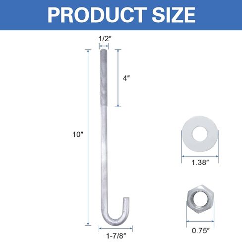 1/2" x 12" J Bolt Anchors (25 Pack) for Concrete with Nuts and Washers, Hot-Dip Galvanized in Kuwait
