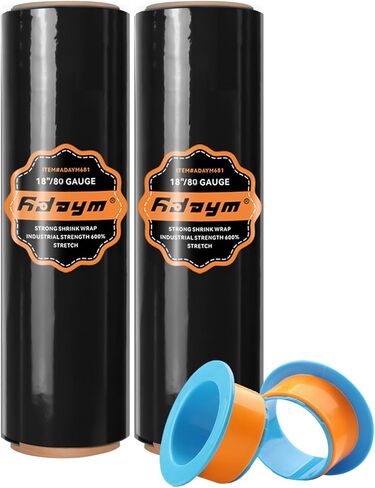 لفة تغليف قابلة للانكماش مقاس 18 بوصة × 1500 بوصة - غلاف بلاستيكي أسود للحركة، مقياس 80 للخدمة الشاقة، 600٪ قابل للتمدد للتعبئة والمنصات والشحن وحماية الأثاث بمقابض (4 لفات) in Kuwait