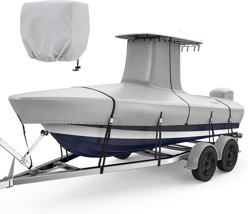 Fonzier T-Top Boat Cover with Motor Cover, 1400D Heavy Duty Waterproof Tear-Resistant Upper Reinforced, Fit 20'-22' Center Console Boat with T-TOP Roof, Beam Width up to 106", Gray in Saudi Arabia