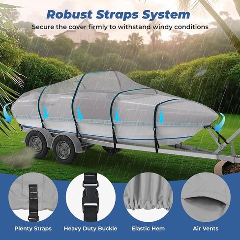 RVMasking Waterproof Boat Cover 20-22 ft, 1400D Heavy Duty Middle Reinforced Marine Grade Trailerable Cover, Fits 20'-22' V-Hull Tri-Hull Bass Boat Runabout Fish Ski Boat with Storage Bag, Gray in Kuwait