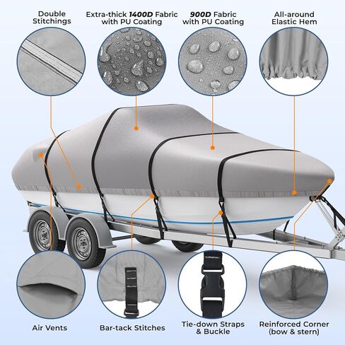 RVMasking Waterproof Boat Cover 20-22 ft, 1400D Heavy Duty Middle Reinforced Marine Grade Trailerable Cover, Fits 20'-22' V-Hull Tri-Hull Bass Boat Runabout Fish Ski Boat with Storage Bag, Gray in Kuwait