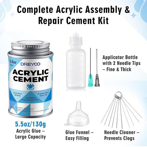 Dreyoo 5.5oz Acrylic Cement with Applicator Bottle, 2 Needle, 1 Needle Cleaning Tool and 1 Funnel, Clear Acrylic Glue for Plexiglass, Sheets, Precise Application, Repair Assembly of Display Cases in Saudi Arabia