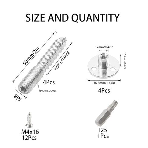 4 Sets M8x50 Hanger Bolts Double Headed Self-Tapping Screw with T-Nuts for Wood Joint Furniture Leg Chair Sofa Cabinet in Saudi Arabia