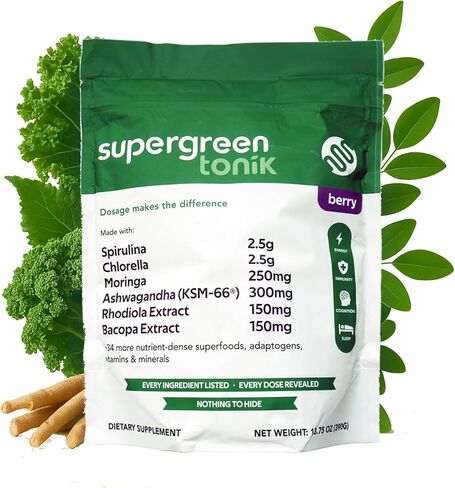 SUPERGREEN TONIK 100% Natural Greens Superfood Powder – Daily Supplement with 38 Superfoods, Vitamins and Minerals – Supports Energy, Stress and Immunity – 30 Days 360 Grams Berry Flavor (1 Tub) in Saudi Arabia