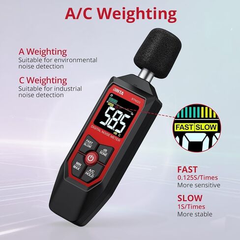 مقياس BINTA ديسيبل، مقياس مستوى الصوت الرقمي مع وزن مكيف الهواء، جهاز اختبار SPL المحمول 30-130 ديسيبل قياس الضوضاء مع شاشة LCD بإضاءة خلفية، الحد الأقصى/الدقيقة، وحدة ديسيبل/SONE، الاحتفاظ بالبيانات لجيران مصنع المكتب المنزلي in Kuwait