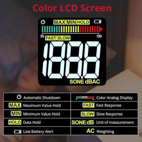 مقياس BINTA ديسيبل، مقياس مستوى الصوت الرقمي مع وزن مكيف الهواء، جهاز اختبار SPL المحمول 30-130 ديسيبل قياس الضوضاء مع شاشة LCD بإضاءة خلفية، الحد الأقصى/الدقيقة، وحدة ديسيبل/SONE، الاحتفاظ بالبيانات لجيران مصنع المكتب المنزلي in Kuwait