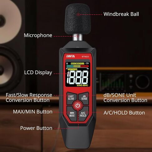 مقياس BINTA ديسيبل، مقياس مستوى الصوت الرقمي مع وزن مكيف الهواء، جهاز اختبار SPL المحمول 30-130 ديسيبل قياس الضوضاء مع شاشة LCD بإضاءة خلفية، الحد الأقصى/الدقيقة، وحدة ديسيبل/SONE، الاحتفاظ بالبيانات لجيران مصنع المكتب المنزلي in Kuwait
