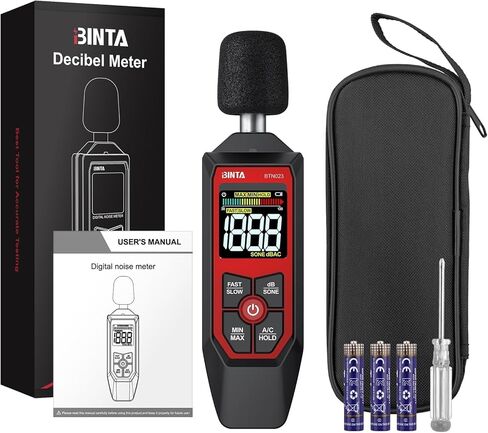 مقياس BINTA ديسيبل، مقياس مستوى الصوت الرقمي مع وزن مكيف الهواء، جهاز اختبار SPL المحمول 30-130 ديسيبل قياس الضوضاء مع شاشة LCD بإضاءة خلفية، الحد الأقصى/الدقيقة، وحدة ديسيبل/SONE، الاحتفاظ بالبيانات لجيران مصنع المكتب المنزلي in Kuwait