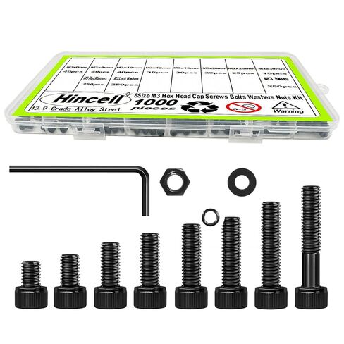 1000 قطعة مسامير M3، M3x6/8/10/12/16/20/25/30 مم طقم مسامير ربط، مسامير غطاء رأس مقبس سداسي، 12.9 درجة مطلية بالزنك الأسود للطابعة ثلاثية الأبعاد in Kuwait