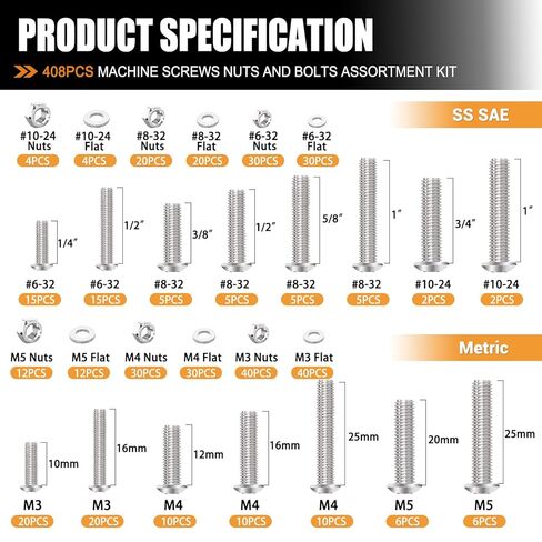 مجموعة متنوعة من صواميل ومسامير الماكينة 408 قطعة من mankk (# 6-32/# 8-32/#10-24 & M3/M4/M5) SAE & Metric 304 من الفولاذ المقاوم للصدأ فيليبس براغي رأس دائرية مشقوقة متقاطعة in Kuwait