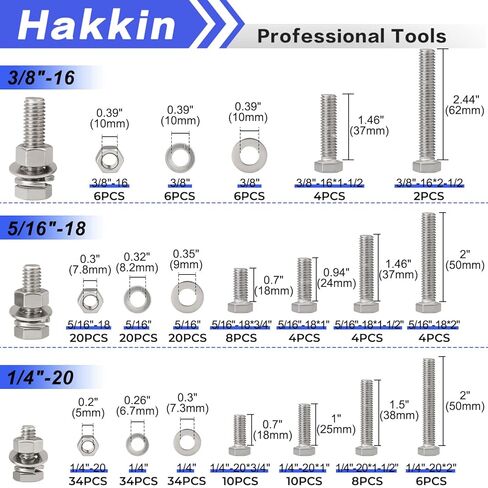 Hakkin 330pcs SAE 1/4-20 UNC Hex Socket Button Head Cap Screw Bolts Flat Washers Nuts Assortment Kit 304 Stainless Steel, 8 Sizes (Length 3/8" to 2"), Machine Screws Set with Storage Case in Kuwait