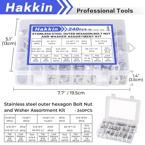 Hakkin 330pcs SAE 1/4-20 UNC Hex Socket Button Head Cap Screw Bolts Flat Washers Nuts Assortment Kit 304 Stainless Steel, 8 Sizes (Length 3/8" to 2"), Machine Screws Set with Storage Case in Kuwait