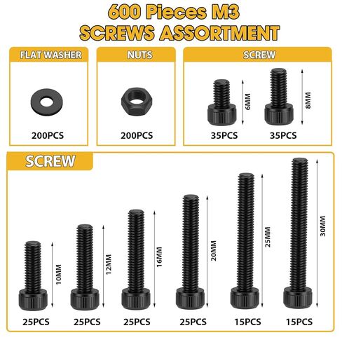 مجموعة متنوعة من 600 قطعة من براغي M3، سبائك فولاذية سوداء M3x 6/8/10/12/16/20/25/30 مم مع صواميل ومسامير وغسالات من سبائك الصلب 12.9 - مجموعة متنوعة من براغي رأس المقبس السداسي in Kuwait