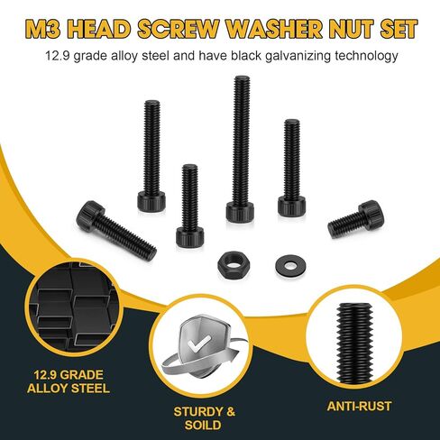 مجموعة متنوعة من 600 قطعة من براغي M3، سبائك فولاذية سوداء M3x 6/8/10/12/16/20/25/30 مم مع صواميل ومسامير وغسالات من سبائك الصلب 12.9 - مجموعة متنوعة من براغي رأس المقبس السداسي in Kuwait
