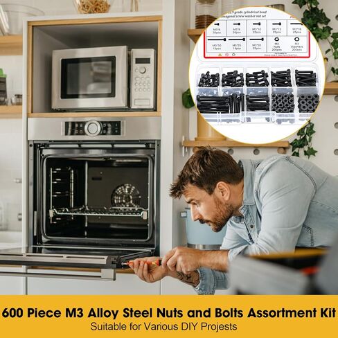 مجموعة متنوعة من 600 قطعة من براغي M3، سبائك فولاذية سوداء M3x 6/8/10/12/16/20/25/30 مم مع صواميل ومسامير وغسالات من سبائك الصلب 12.9 - مجموعة متنوعة من براغي رأس المقبس السداسي in Kuwait
