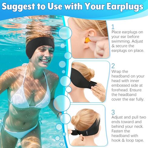 2 Pcs Swimming Headband Ear Protection Swim Ear Band Earplugs Secure for Swimmer Adult Teenager, Protective Headband for Surfing Diving Bath Shower Pool Beach, Holds Earplugs & Keep Water Out in Kuwait