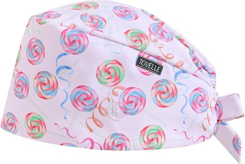 Candy Lollipop Double-Sided Printed Scrub Caps for Women with Buttons, Adjustable Helps Reduce Static Buildup Medical Hats, Breathable Surgical Caps with Sweatband for Long Hours in Saudi Arabia