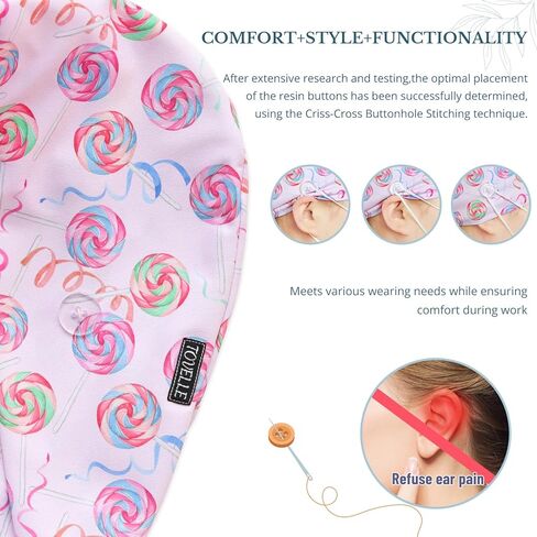 Candy Lollipop Double-Sided Printed Scrub Caps for Women with Buttons, Adjustable Helps Reduce Static Buildup Medical Hats, Breathable Surgical Caps with Sweatband for Long Hours in Saudi Arabia