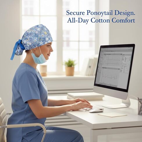 2pcs Scrub Caps Women Ponytail, Comfortable Surgical Hat with Cotton Fabric for Healthcare Professionals, Surgical Women with Button Adjustable Hats Surgical Blue in Kuwait