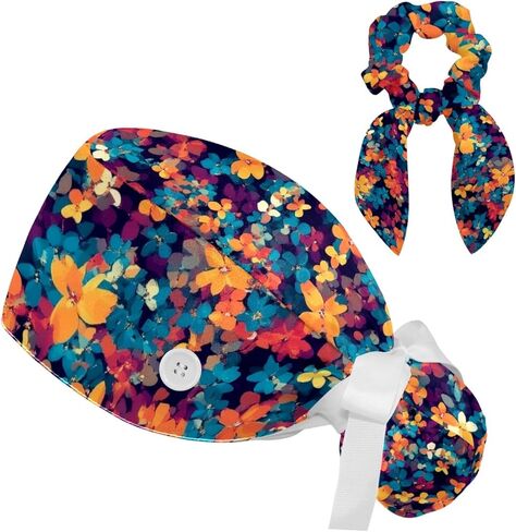 Scrub Cap, Surgical Caps for Women, Floral Flower Seamless Pattern, Bouffant Nurse Cap Ponytail in Kuwait