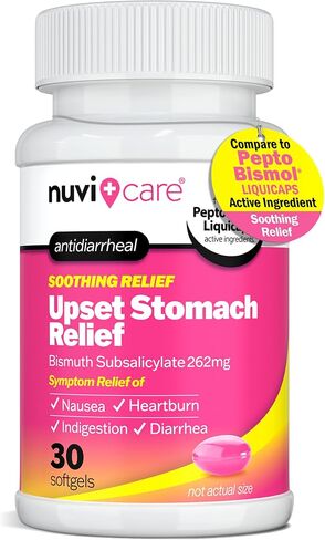 تخفيف اضطراب المعدة - دواء البزموت المضاد للإسهال - دواء ارتجاع الحمض للغثيان وحرقة المعدة وتخفيف عسر الهضم - كبسولات سائلة عامة (30 عددًا) in Kuwait