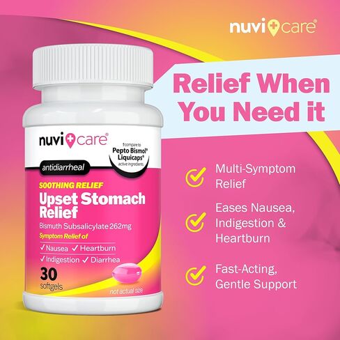 تخفيف اضطراب المعدة - دواء البزموت المضاد للإسهال - دواء ارتجاع الحمض للغثيان وحرقة المعدة وتخفيف عسر الهضم - كبسولات سائلة عامة (30 عددًا) in Kuwait