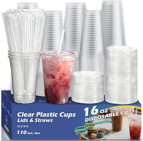 110 Pack 16 oz Plastic Cups with Lids and Straws,Sturdy Disposable Iced Coffee Cups with Lids,Clear To Go Cups For Smoothie,Cold Drinks in Saudi Arabia