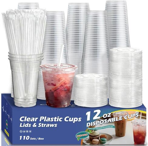 110 Pack 16 oz Plastic Cups with Lids and Straws,Sturdy Disposable Iced Coffee Cups with Lids,Clear To Go Cups For Smoothie,Cold Drinks in Saudi Arabia