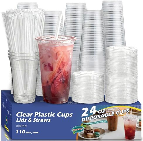 110 Pack 16 oz Plastic Cups with Lids and Straws,Sturdy Disposable Iced Coffee Cups with Lids,Clear To Go Cups For Smoothie,Cold Drinks in Saudi Arabia