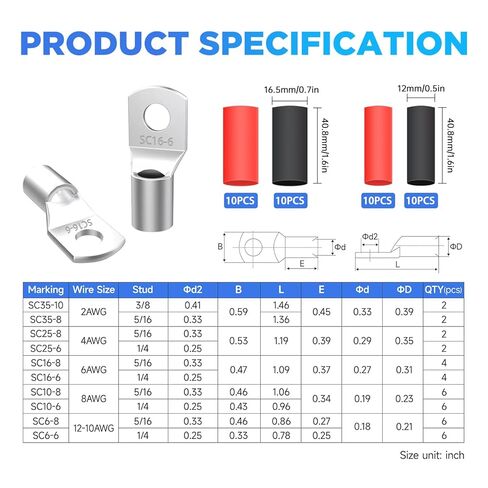 80 قطعة من عروات الأسلاك النحاسية كابل البطارية ينتهي تشكيلة AWG 2 4 6 8 10 12 موصلات الأسلاك المقياس مع أنابيب الانكماش الحراري 3:1 YY016 in Kuwait