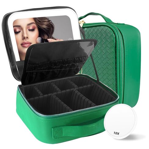 MOMIRA Travel Makeup Bag Cosmetic Bag with Lighted Mirror, Adjustable Brightness in 3 Color Scenarios/Detachable makeup mirror, All-round Upgrade, Waterproof, Gift for Women -Red Brown in Kuwait
