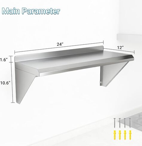 Stainless Steel Shelf 12" x 24", 210LBS Wall Mounted Commercial Stainless Steel Shelving, Stable Stainless Wall Shelf for Kitchen, Bar, Restaurant and Garage in Kuwait