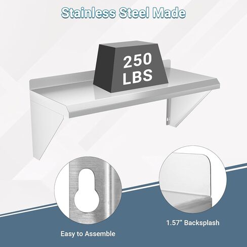 Stainless Steel Shelf 12" x 24", 210LBS Wall Mounted Commercial Stainless Steel Shelving, Stable Stainless Wall Shelf for Kitchen, Bar, Restaurant and Garage in Kuwait