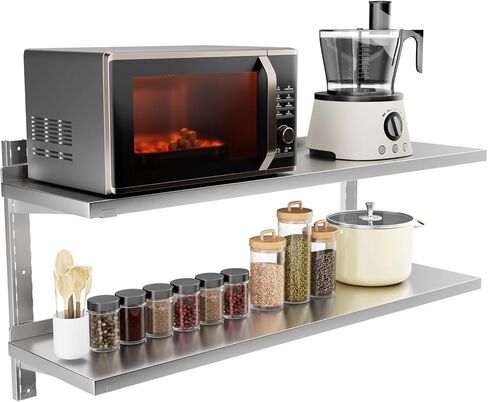 رف من الفولاذ المقاوم للصدأ، رف جداري عائم تجاري مقاس 47.2 بوصة × 12.6 بوصة مع دعامات، سعة 154 رطلًا، رف تخزين معدني عالي التحمل بطبقة مزدوجة قابل للتعديل للمطعم وبار المطبخ والفندق المنزلي in Kuwait