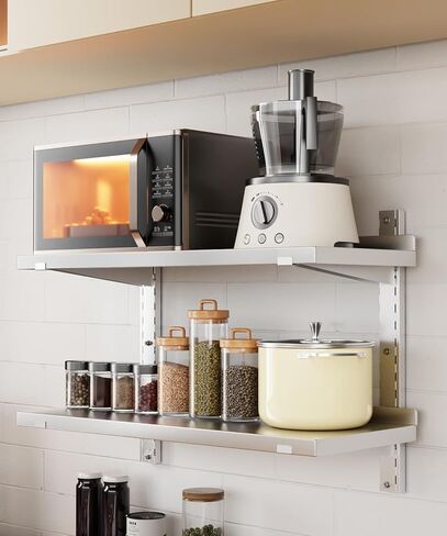 رف من الفولاذ المقاوم للصدأ، رف جداري عائم تجاري مقاس 47.2 بوصة × 12.6 بوصة مع دعامات، سعة 154 رطلًا، رف تخزين معدني عالي التحمل بطبقة مزدوجة قابل للتعديل للمطعم وبار المطبخ والفندق المنزلي in Kuwait