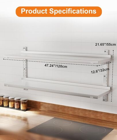 رف من الفولاذ المقاوم للصدأ، رف جداري عائم تجاري مقاس 47.2 بوصة × 12.6 بوصة مع دعامات، سعة 154 رطلًا، رف تخزين معدني عالي التحمل بطبقة مزدوجة قابل للتعديل للمطعم وبار المطبخ والفندق المنزلي in Kuwait