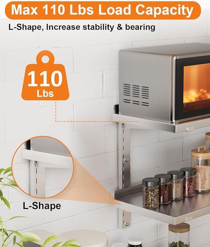 رف من الفولاذ المقاوم للصدأ، رف جداري عائم تجاري مقاس 47.2 بوصة × 12.6 بوصة مع دعامات، سعة 154 رطلًا، رف تخزين معدني عالي التحمل بطبقة مزدوجة قابل للتعديل للمطعم وبار المطبخ والفندق المنزلي in Kuwait