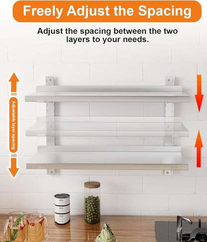 رف من الفولاذ المقاوم للصدأ، رف جداري عائم تجاري مقاس 47.2 بوصة × 12.6 بوصة مع دعامات، سعة 154 رطلًا، رف تخزين معدني عالي التحمل بطبقة مزدوجة قابل للتعديل للمطعم وبار المطبخ والفندق المنزلي in Kuwait