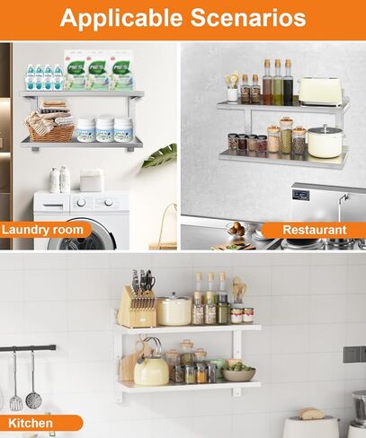 رف من الفولاذ المقاوم للصدأ، رف جداري عائم تجاري مقاس 47.2 بوصة × 12.6 بوصة مع دعامات، سعة 154 رطلًا، رف تخزين معدني عالي التحمل بطبقة مزدوجة قابل للتعديل للمطعم وبار المطبخ والفندق المنزلي in Kuwait