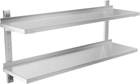 رف من الفولاذ المقاوم للصدأ، رف جداري عائم تجاري مقاس 47.2 بوصة × 12.6 بوصة مع دعامات، سعة 154 رطلًا، رف تخزين معدني عالي التحمل بطبقة مزدوجة قابل للتعديل للمطعم وبار المطبخ والفندق المنزلي in Kuwait