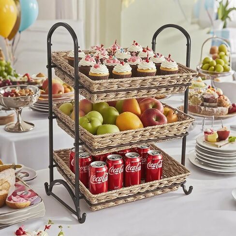 رف عرض حلوى قابل للتكديس مع الروطان | منظم حلوى قابل للتكديس | رف للوجبات الخفيفة متعدد الوظائف ورف للرقائق | حل عرض مثالي للمتاجر (بني، كبير) in Kuwait