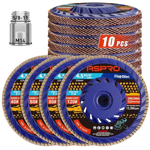 أقراص ASPRO ذات القلاب 4 1/2 لمطحنة الزوايا، قرص قلاب T29 40 حبيبة، 4-1/2 بوصة × 7/8 بوصة عجلة طحن كاشطة زركونيا عالية الكثافة وقرص صنفرة، قرص قلاب 4.5 للمعادن والخشب والفولاذ المقاوم للصدأ (10 عبوات) in Kuwait