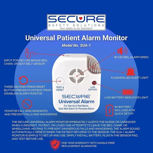 Secure Safety Solutions Chair Exit Alarm for Elderly Fall Prevention, Wheelchair Patient Alarm with 12" x 12" Sensor Pad, 80 dB Alert Monitor, Automatic Reset Caregiver Alert System for Dementia Care in Kuwait
